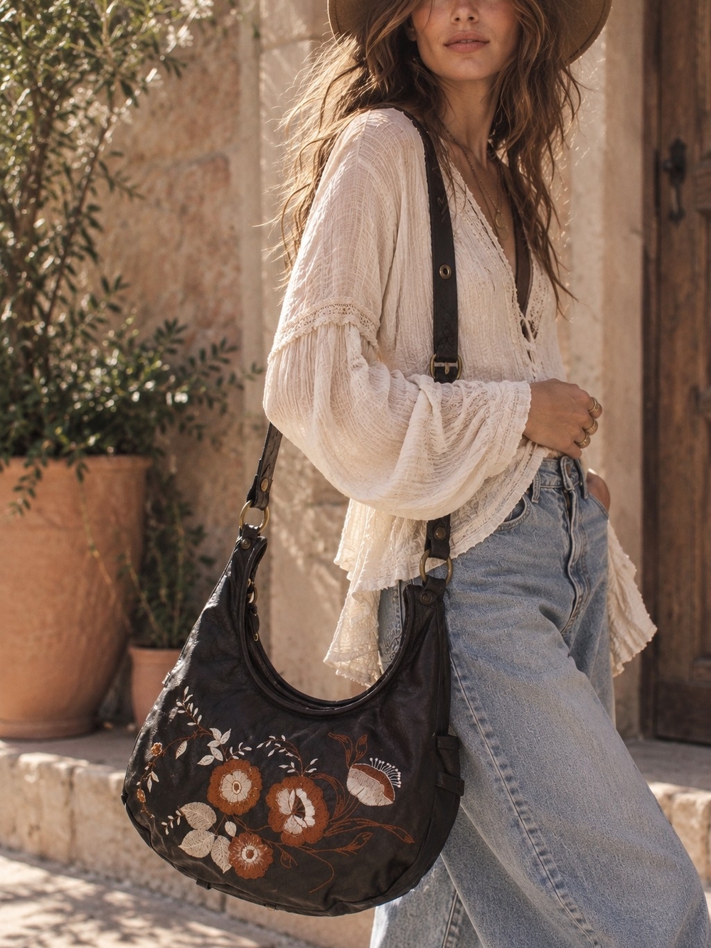 Boho Embroidered Slouchy Hobo Shoulder Bag 🖤🌼